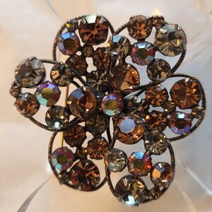 Vintage Regency Smokey Topaz Amber Gold Tones AB Flower Brooch 2 in. Signed